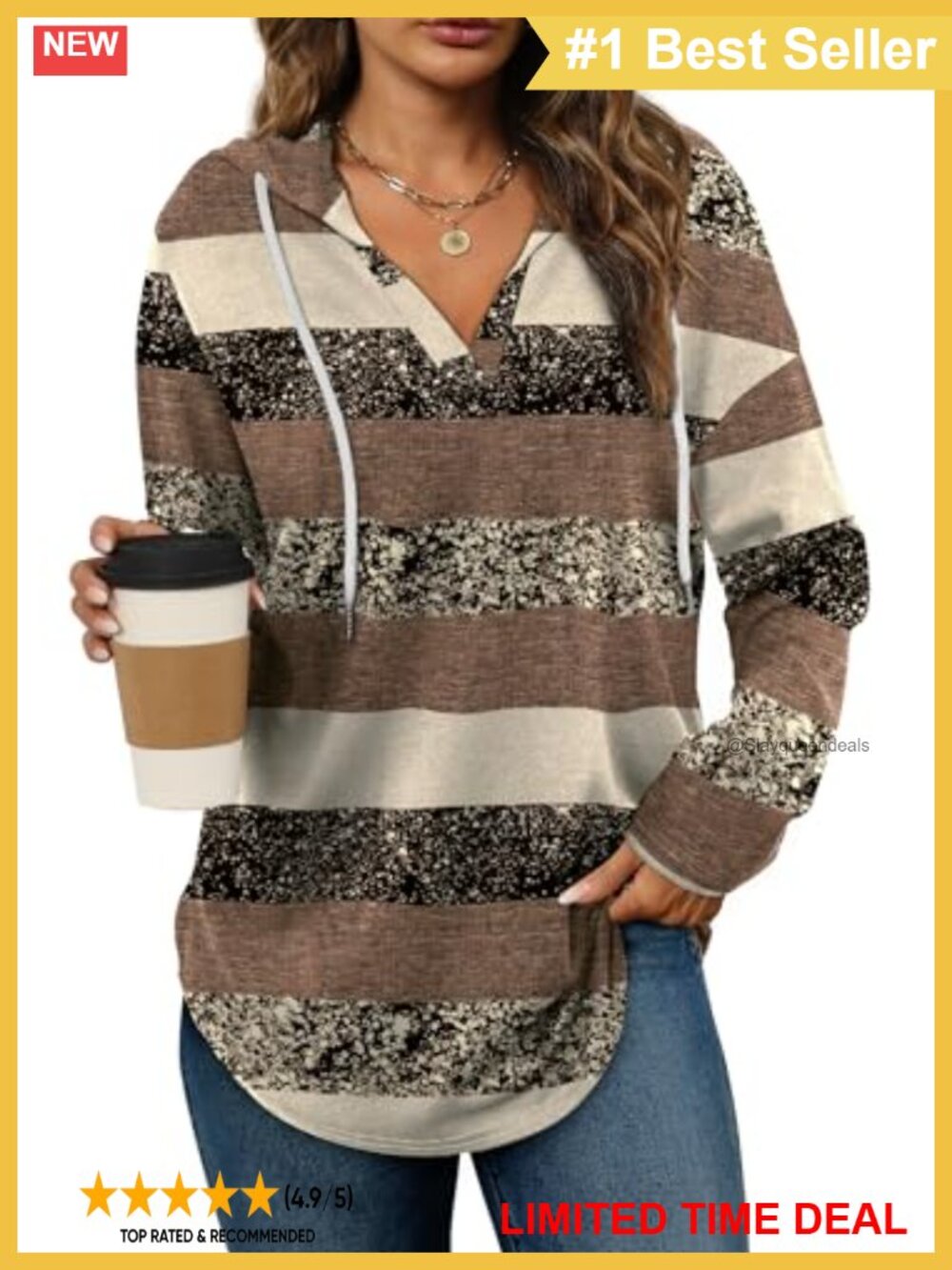 Womens V-Neck Oversized Pullover Hoodie Long Sleeve Loose Fit Sweatshirt